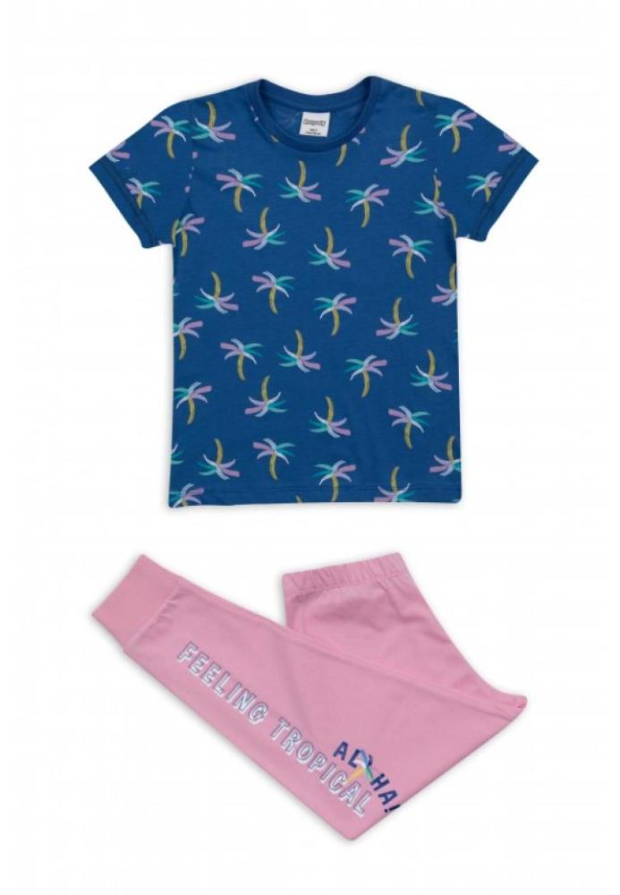 Pijama copii bumbac, bluză mânecă scurtă și pantaloni lungi, imprimeu palmieri,Engros